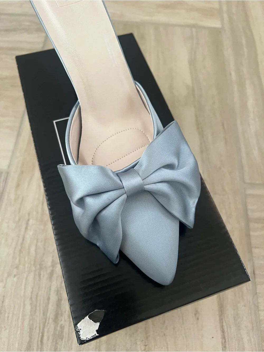 Light Blue Satin Pointed-Toe Mule with Bow - Picture 3 of 5